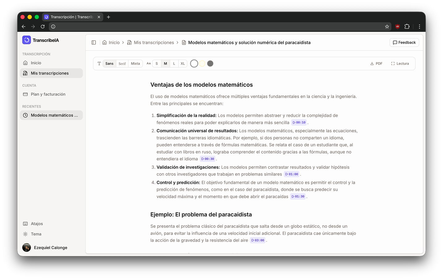 Vista de análisis en TranscribeIA
